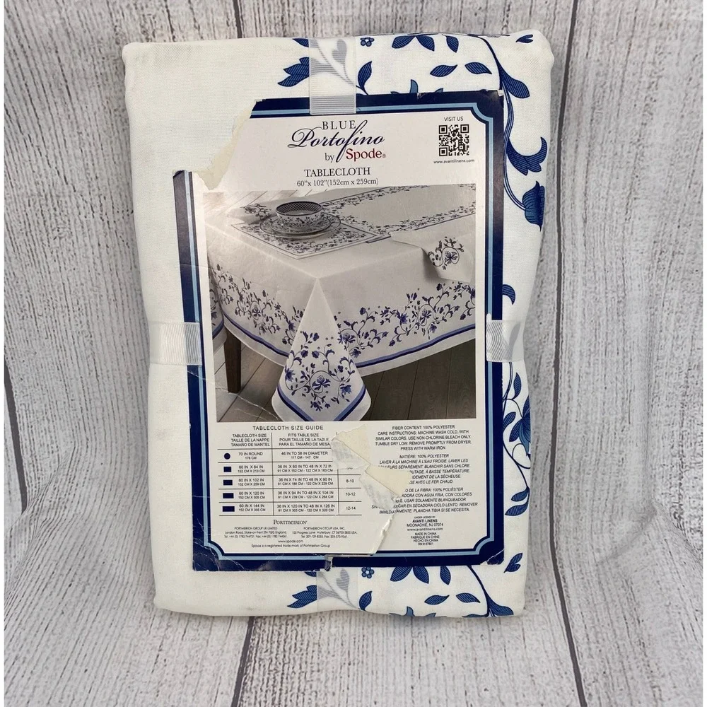 Spode Blue Portofino Tablecloth 60x102 Oblong Blue White Floral French Country